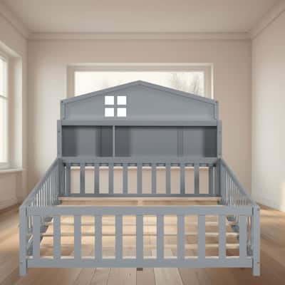 Full-Size Montessori Floor Platform Bed Frame with Bookcases, Chalkboard and Guardrails for Kids and Teens, Bedroom Furniture