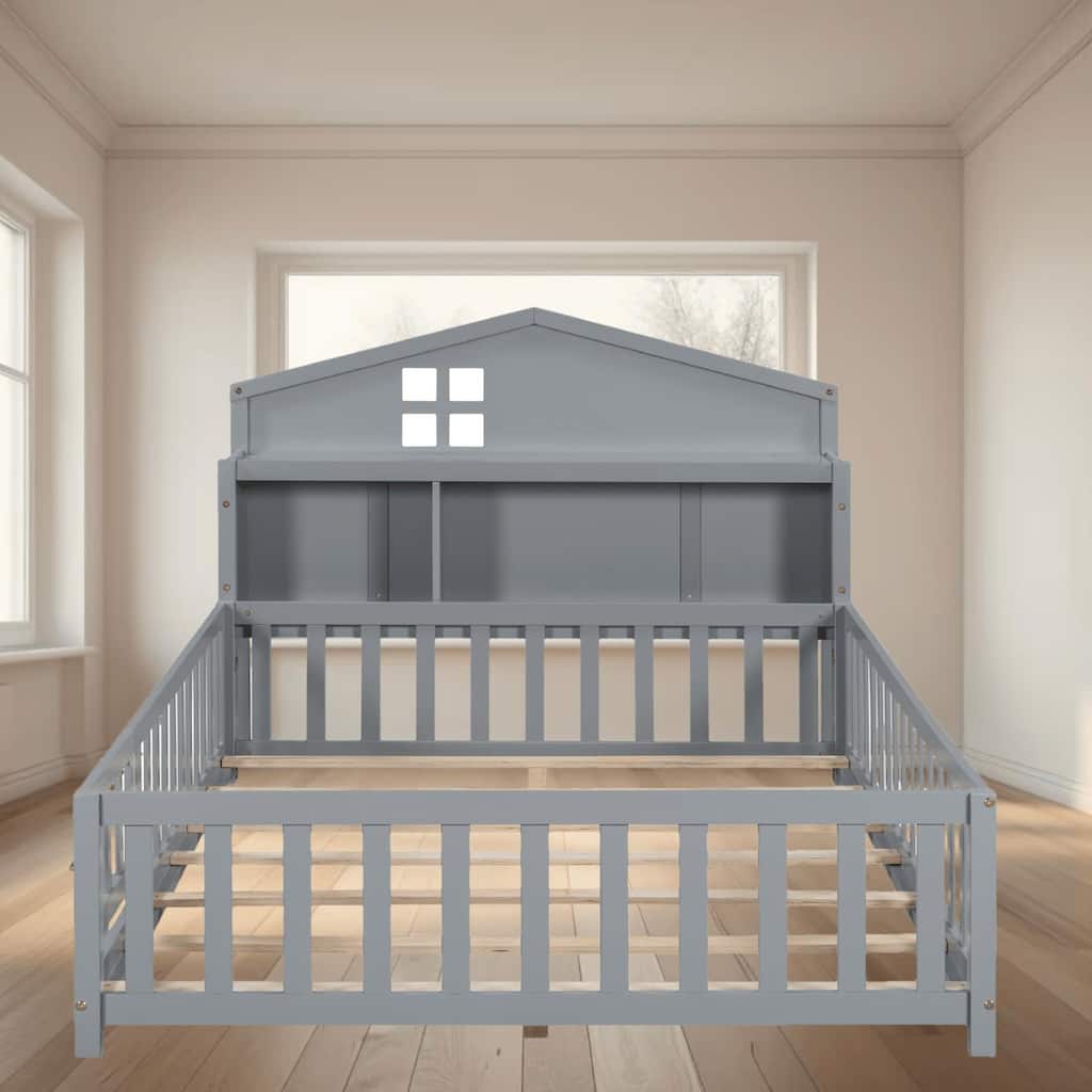 Full-Size Montessori Floor Platform Bed Frame with Bookcases, Chalkboard and Guardrails for Kids and Teens, Bedroom Furniture