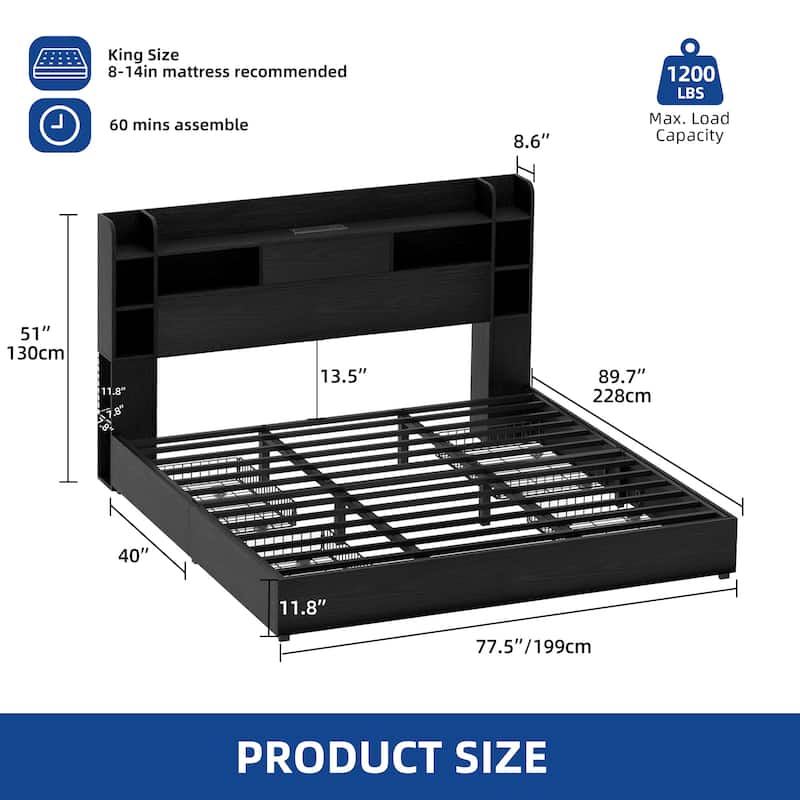 Moasis LED Bed Frame with Bookcase Headboard, 4 Storage Drawers and Type-C USB Charging Station