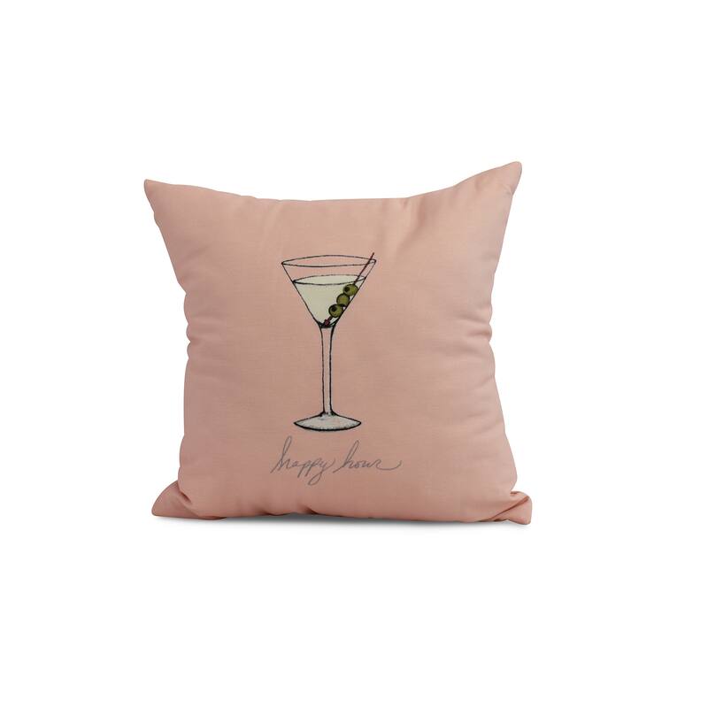 18 x 18 Inch Martini Glass Happy Hour Geometric Print Outdoor Pillow - Coral
