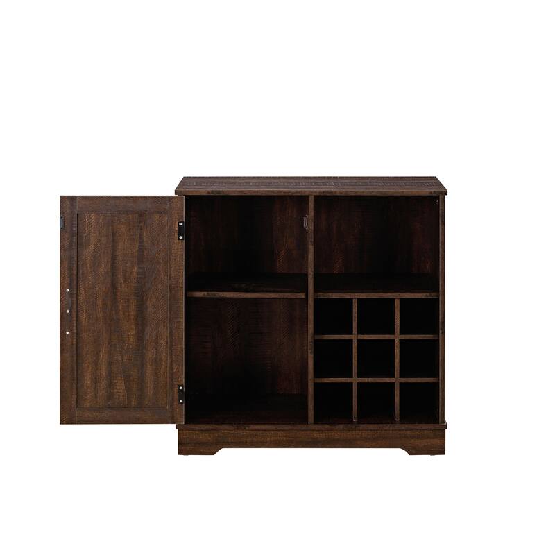 Rustic Bar Cabinet with 9-Bottle Wine Rack, Adjustable Shelves, and Barn Door Design