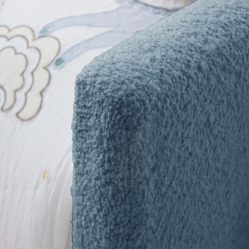 Twin Upholstered Platform Bed with Bunny Ear Headboard, Safety Rail & Pocket in Boucle Fabric