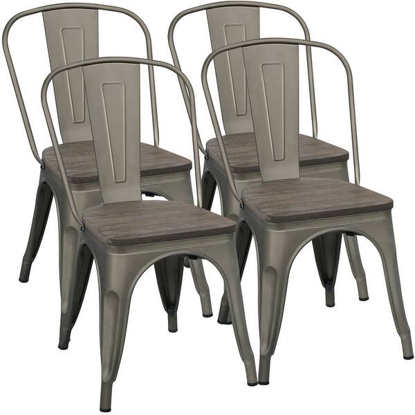 Set of 4 Metal Stackable Dining Chairs with Wooden Seat Bed Bath
