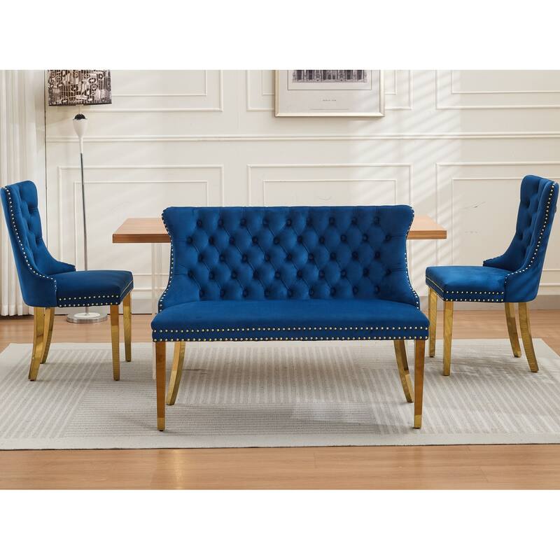 Velvet Double Dining Loveseat Bench, Kitchen & Dining Seating, 2-Seat Tufted Bench w/Handmade Buttons, Wing Back