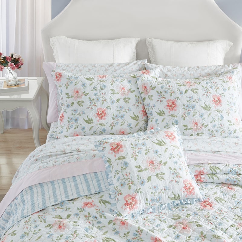 Laura Ashley Emilie Cotton Reversible Pink Quilt Bonus Set