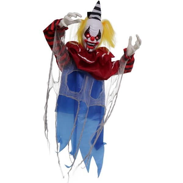 slide 2 of 13, Haunted Hill Farm Wiggles the Animatronic Twisting, Talking Clown Greeter with Folding Door Hook for Scary Halloween Decoration