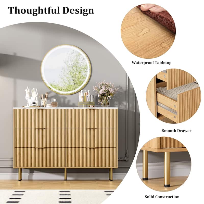 6 Drawer Fluted Dresser for Bedroom, Modern Wooden Storage Chest with Gold Handles