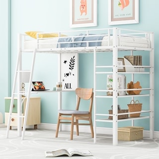 Twin Size Loft Metal Bed with 3 Layers of Shelves and Desk , Modern Metal Frame with Built-In Whiteboard
