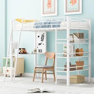 Twin Size Metal Loft Bed Frame with 3 Layers of Shelves, Desk, Whiteboard, Ladder and Guardrails, Large Space Underneath - White