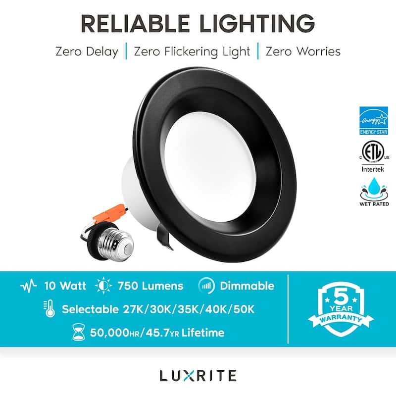 Luxrite 4" LED Recessed Can Lights 10W=60W 5 Color Selectable Dimmable Retrofit Downlights Wet Rated Black Trim 4 Pack