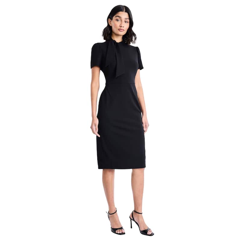 Mock Neck Short Sleeve Sheath Dress With Tie Neck Detail And Back Zipper - Black - 6
