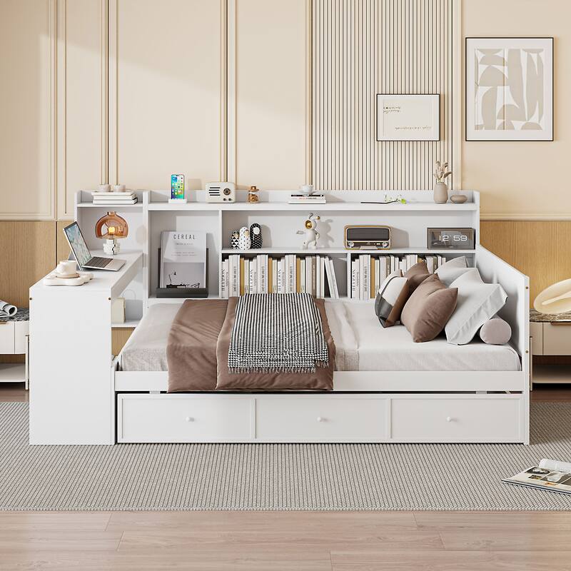 Full Size Modern Wooden Daybed with 3 Drawers, USB Ports & Desk