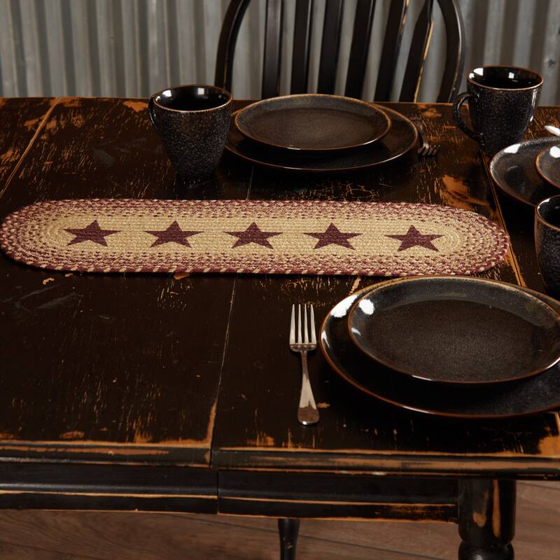 Burgundy Tan Jute Stencil Stars Runner