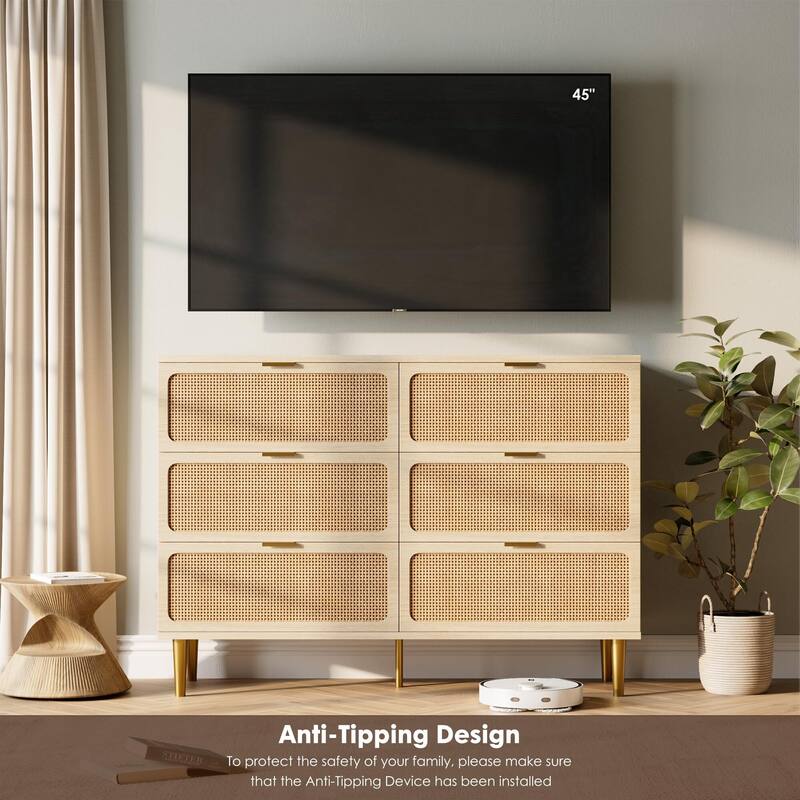 Rattan 6 Drawer Dresser for Bedroom, Large Double Dresser with Deep Drawers