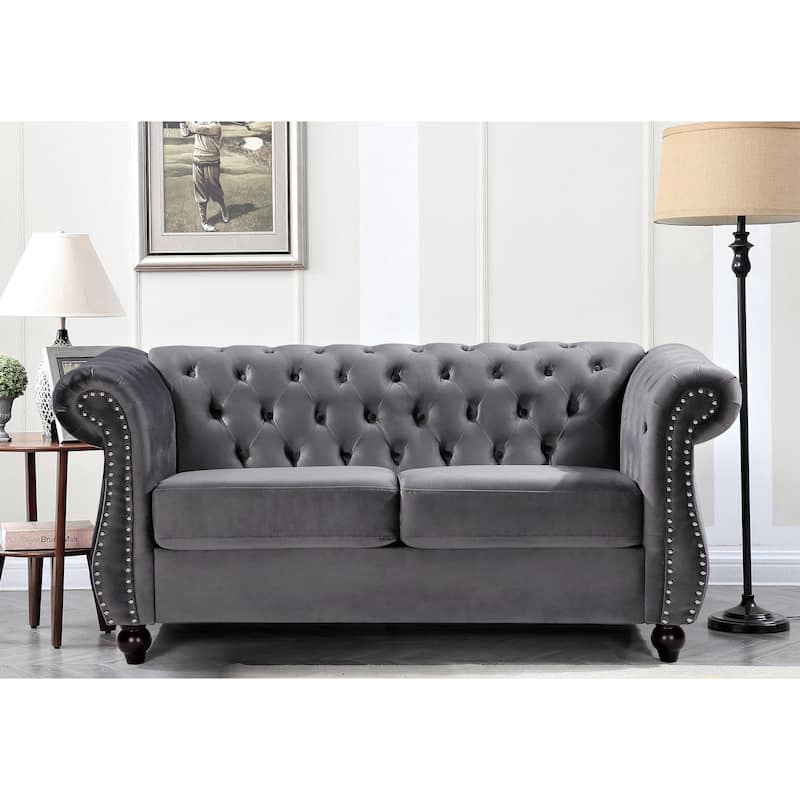 Kemos Velvet Chesterfield Loveseat - Grey