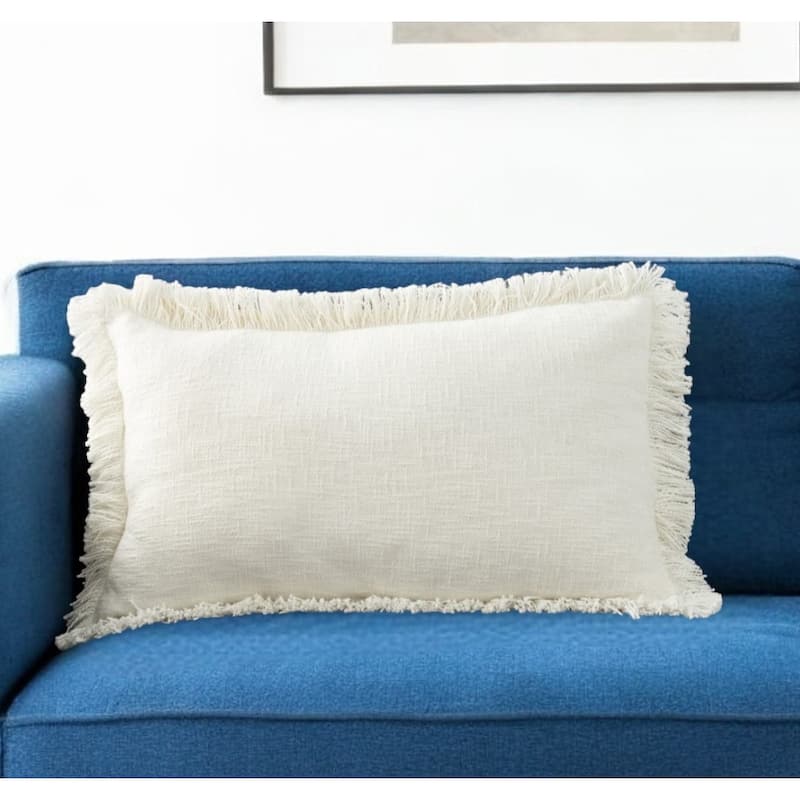 HomeRoots 14" X 24" Ivory Cotton Throw Pillow With Fringe - Accent - Polyester