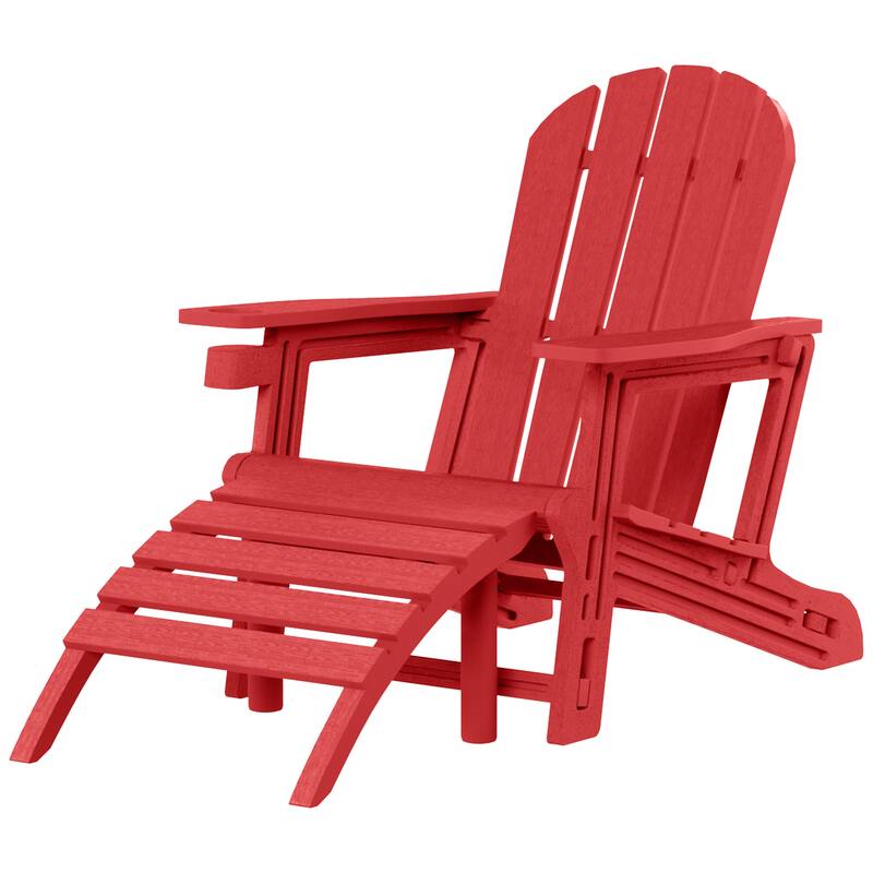 Polytrends Coastline Outdoor Poly Adirondack Chair with Ottoman - Red