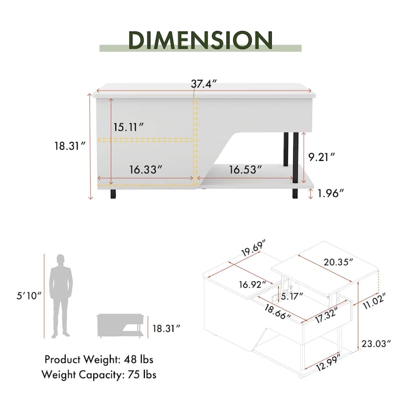 24/7 Shop At Home Modern 37-inch Lift-Top Coffee Table with 16 Colors LED Light and Adjustable Shelf