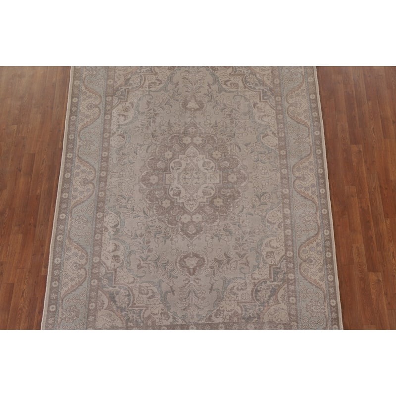 Grey Distressed Tabriz Persian Antique Rug Hand-knotted Wool Carpet - 6'5" x 9'4"