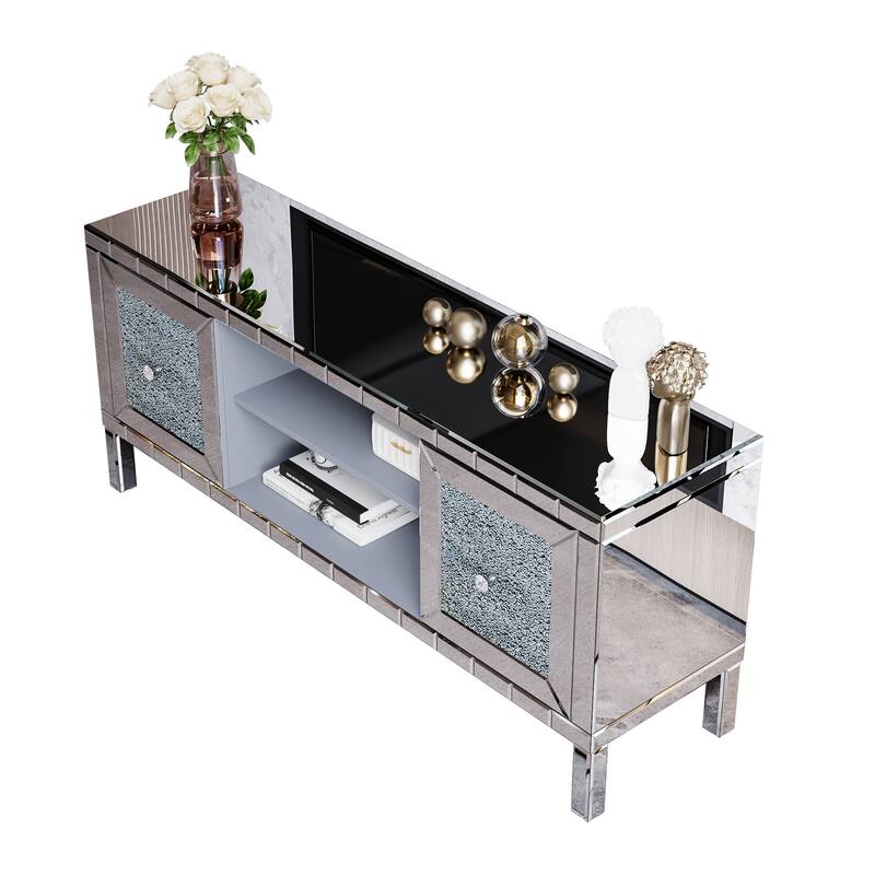 GDFStudio - Crystaluxe Modern Mirrored Media Entertainment Center with Crushed Diamond Glass Doors for 65-Inch TVs