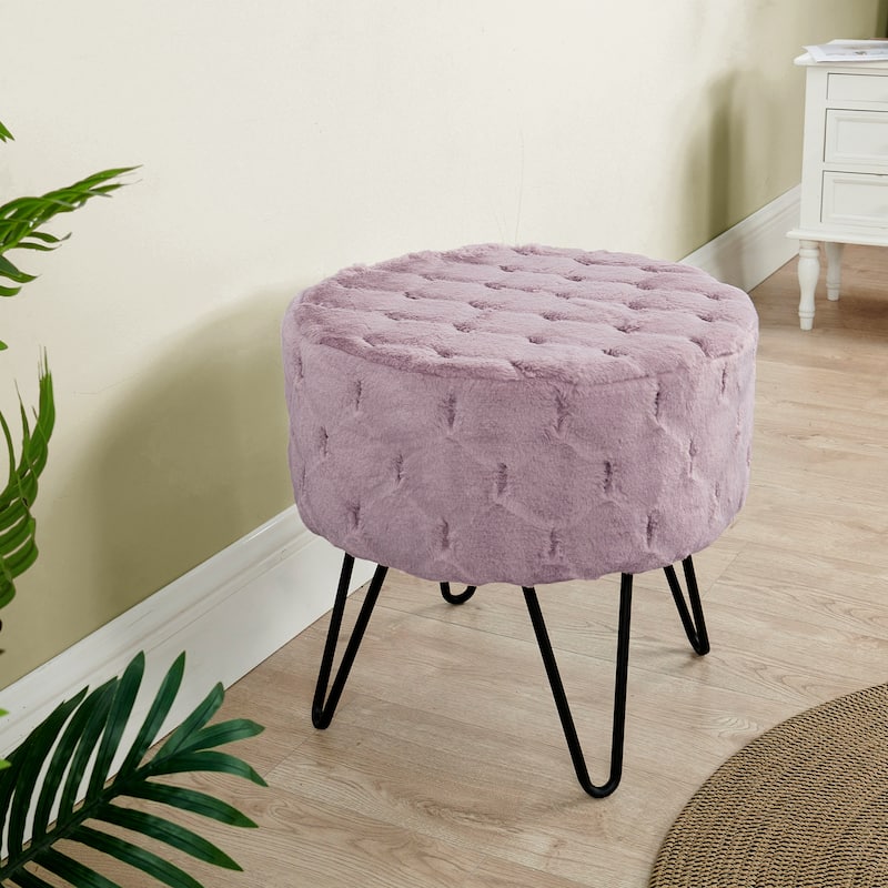 Jacquard Solid Fauxfur Round Ottoman