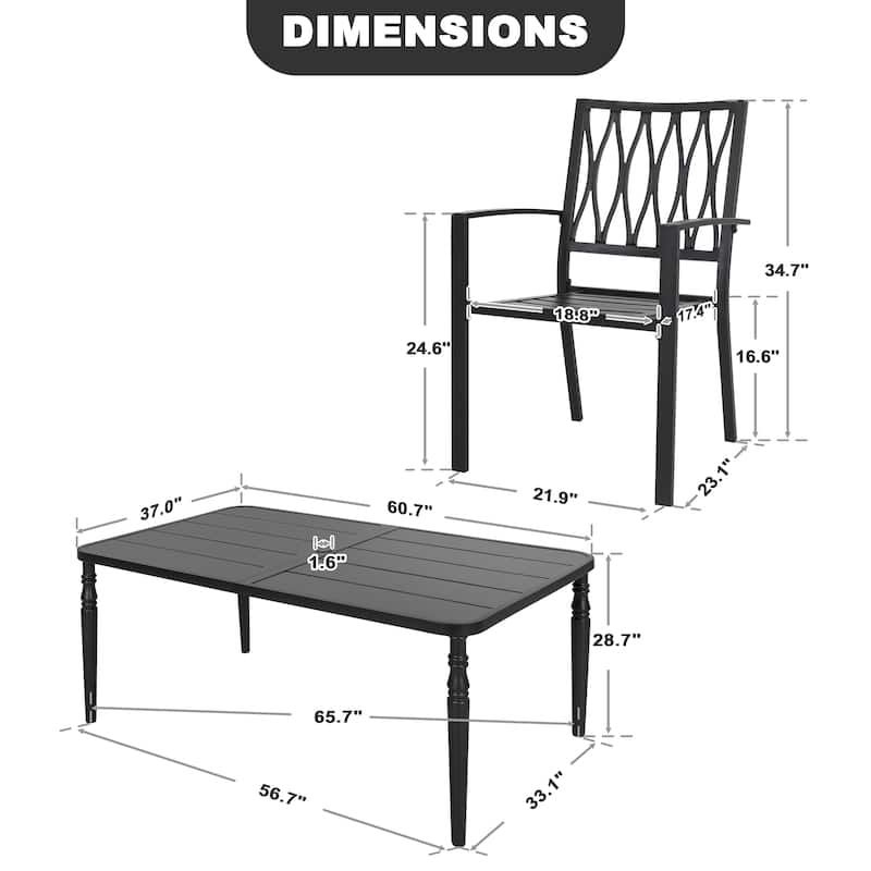 Patio Metal Dining Set with 6 Stackable Chairs and Umbrella Hole, Black