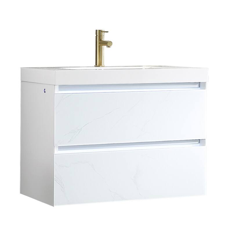 LED Lighted Floating / Wall Huang Vanity with Acrylic Sink and Comfortable Dimmed Vanity Light - White - No Mirror - 30 in