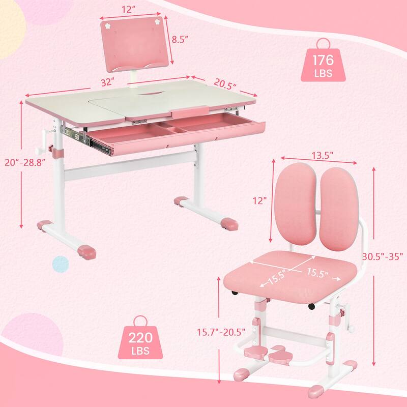 Gymax Kid's Study Desk & Chair Set Height Adjustable with Tilt Desktop