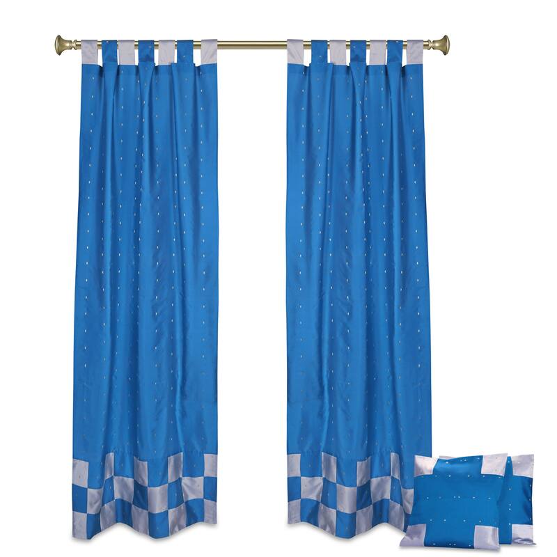 4 Pc Set Indian Sari Curtains & Cushion Covers Boho Tab Top Living Room Bedroom - Turquoise - 36" W X 96" L - 96 Inches