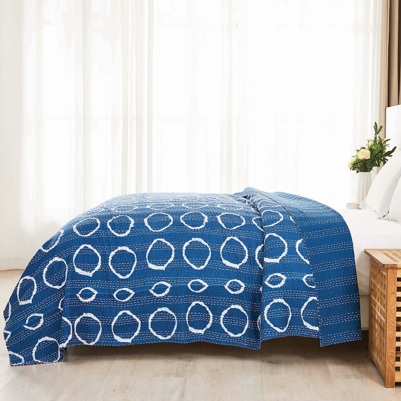 Melange Hand Stitched Kantha Block Print Coverlets and Shams - Circle Coverlet Only - Queen - 1 Piece