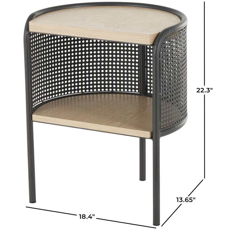 Light Brown Wooden Half-Moon Two- Toned 1 Shelf Side End Accent Table with Mesh Back Panel and Brown Wood Tabletop