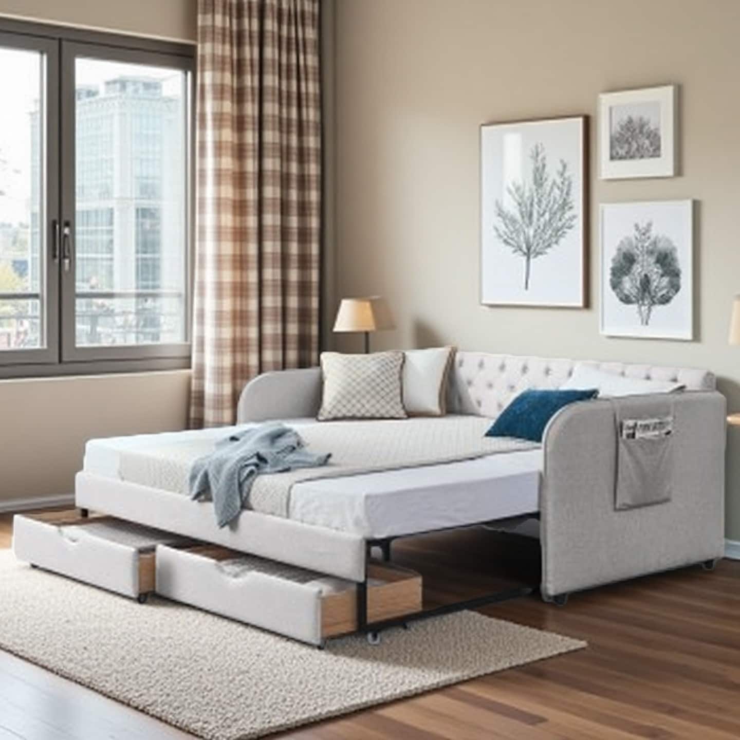 Twin Daybed with Pull-Out Trundle, 2 Storage Drawers, Linen Upholstery, Flat Arms with Side Pockets, Expandable Sleeper