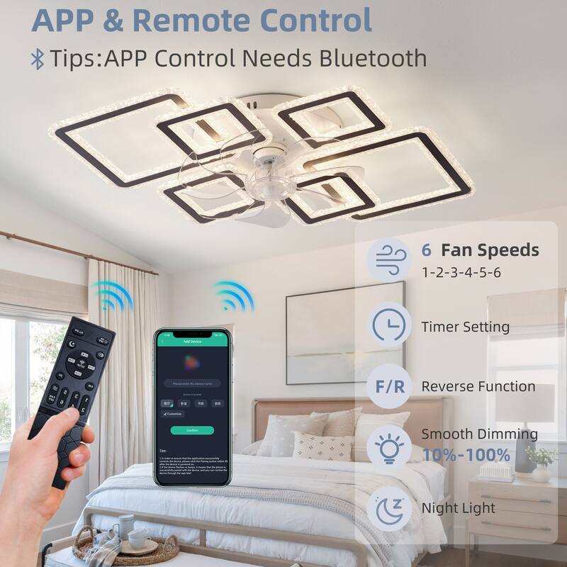 33-inchBlack Ceiling Fan with Lights Remote Control and APP Control, Dimmable with Remote 7 Blades 6 Speeds of Wind - Black