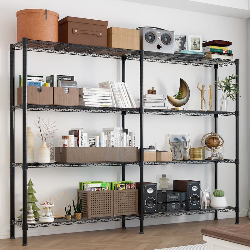 4-Tier Double-Sided Black Iron Display Rack with Adjustable Shelves and Non-Slip Feet - 147(L) x 35(W) x 150(H) cm