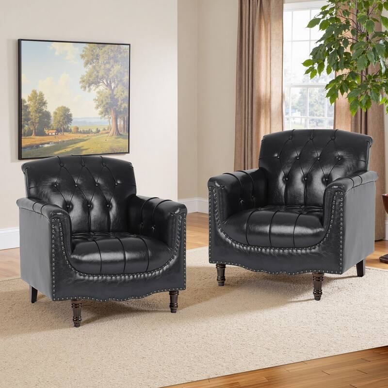 31" W Tufted Vegan Leather Accent Chairs for Living Room Set of 2 - Blue Black