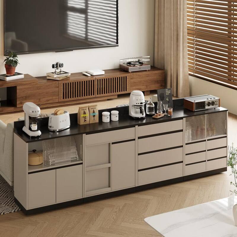 Modern 6-Drawer Storage Cabinet with Wavy Design and Black Wood-Grain Desktop