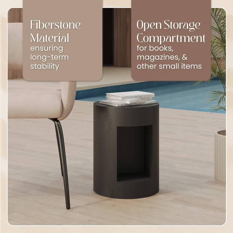 Nook 14" Wide Round Side Table in Fiberstone with Open Storage Compartment