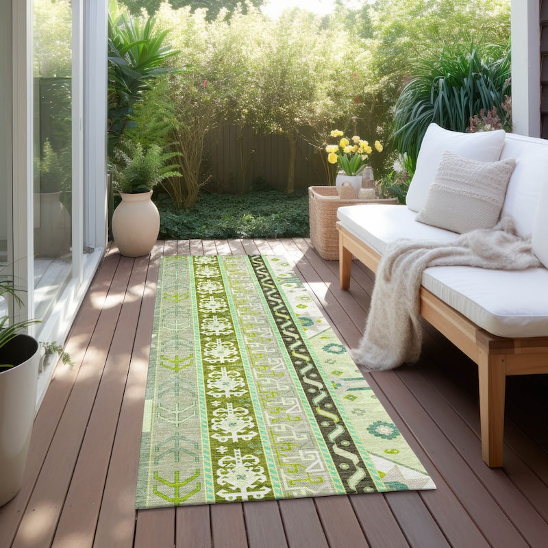 Machine Washable Indoor/ Outdoor Boho Tribal Chantille Rug - Sage - 2'3" x 7'6"