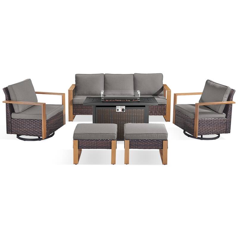 Meyreso Wicker Outdoor Patio Metal Fire Pit Set with Swivel Gliders & 4.5" Olefin Cushions