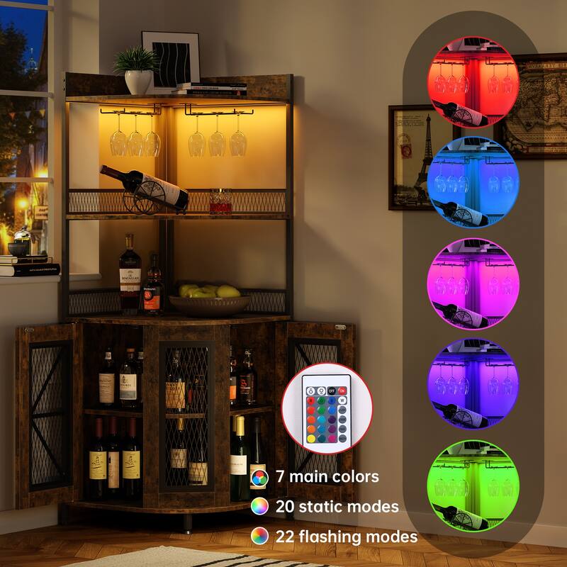 Corner Wine Cabinet, Tall Wine Bar Cabinet w LED Light & Adjustable Shelves