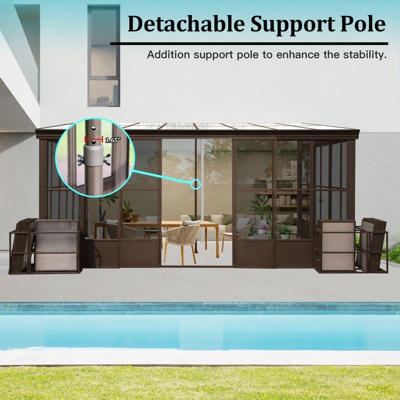 Domi Wall-Mounted Sunroom with Sloped PC Roof and Lockable Sliding Doors