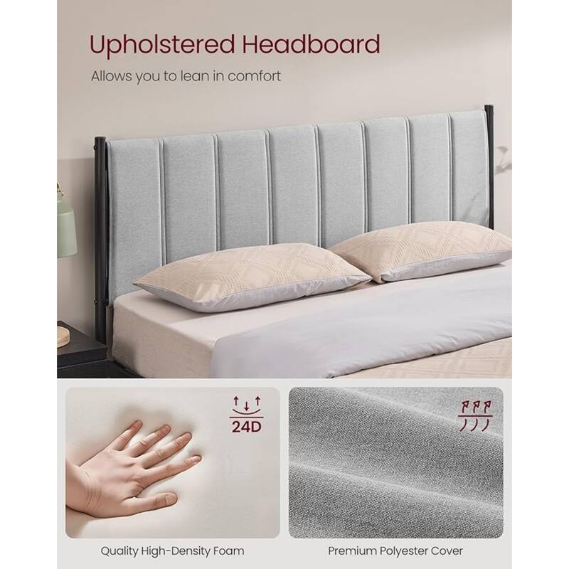 Queen Bed Frame, Dove Gray, Upholstered Headboard, Sturdy Steel, No Box Spring Needed