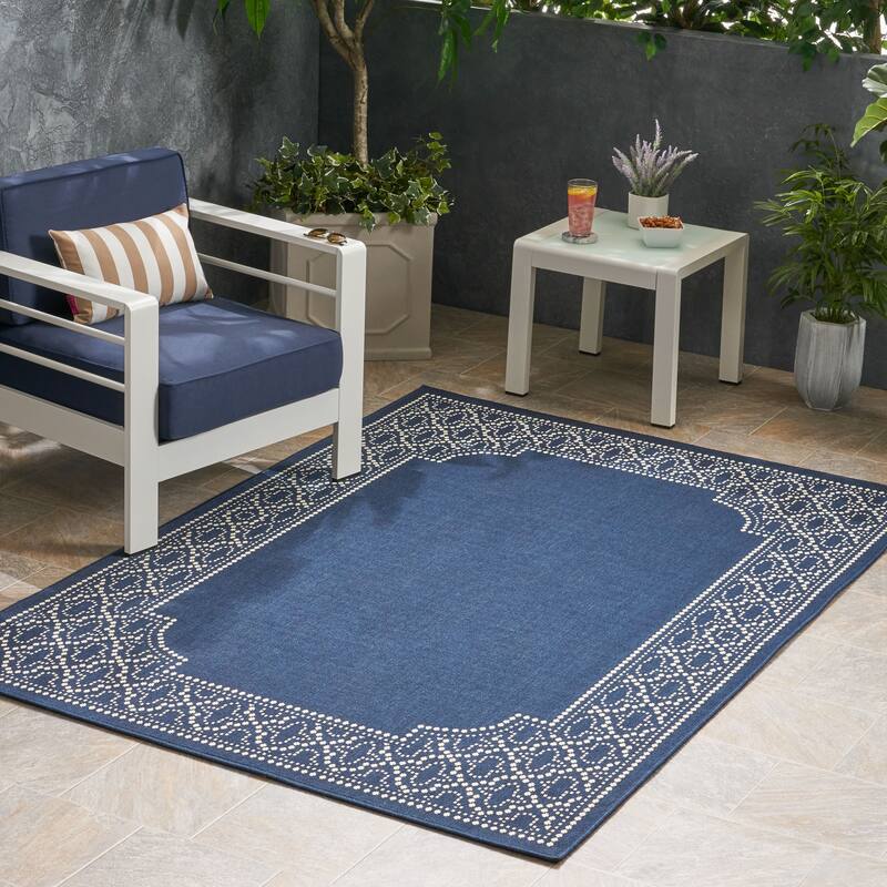 Navy Blue & Ivory Outdoor Area Rug with Elegant Border Design, Durable Polypropylene, Ideal for Patio, Deck, or Balcony