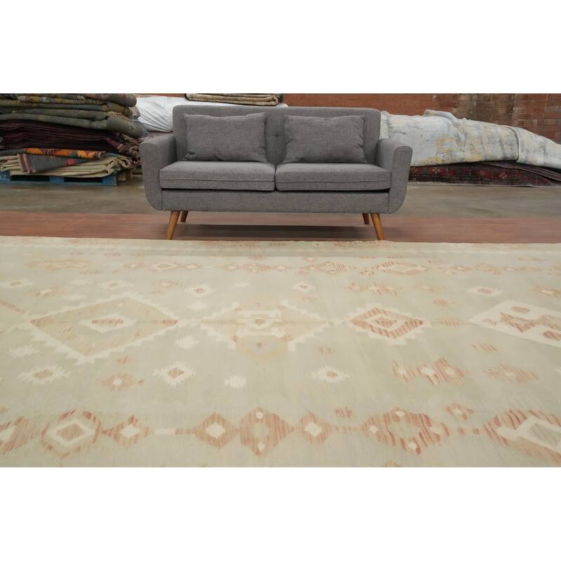 Hand Woven Oriental 100% Wool Carpet Southwestern Tribal Green Kilim Area Rug - 13' 0'' X 9' 9''