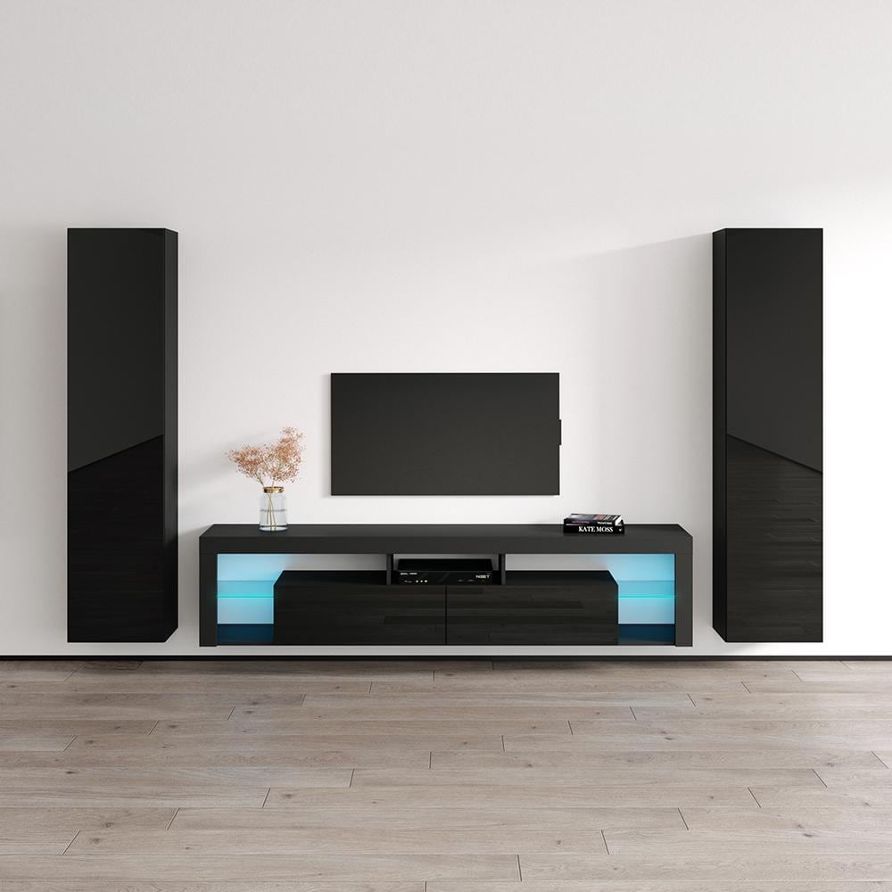 Meble Furniture Milano 200 Floating Entertainment Center Wall Unit for up to 90" TVs - 110"W x 67"H x 14"D - with Bookcases