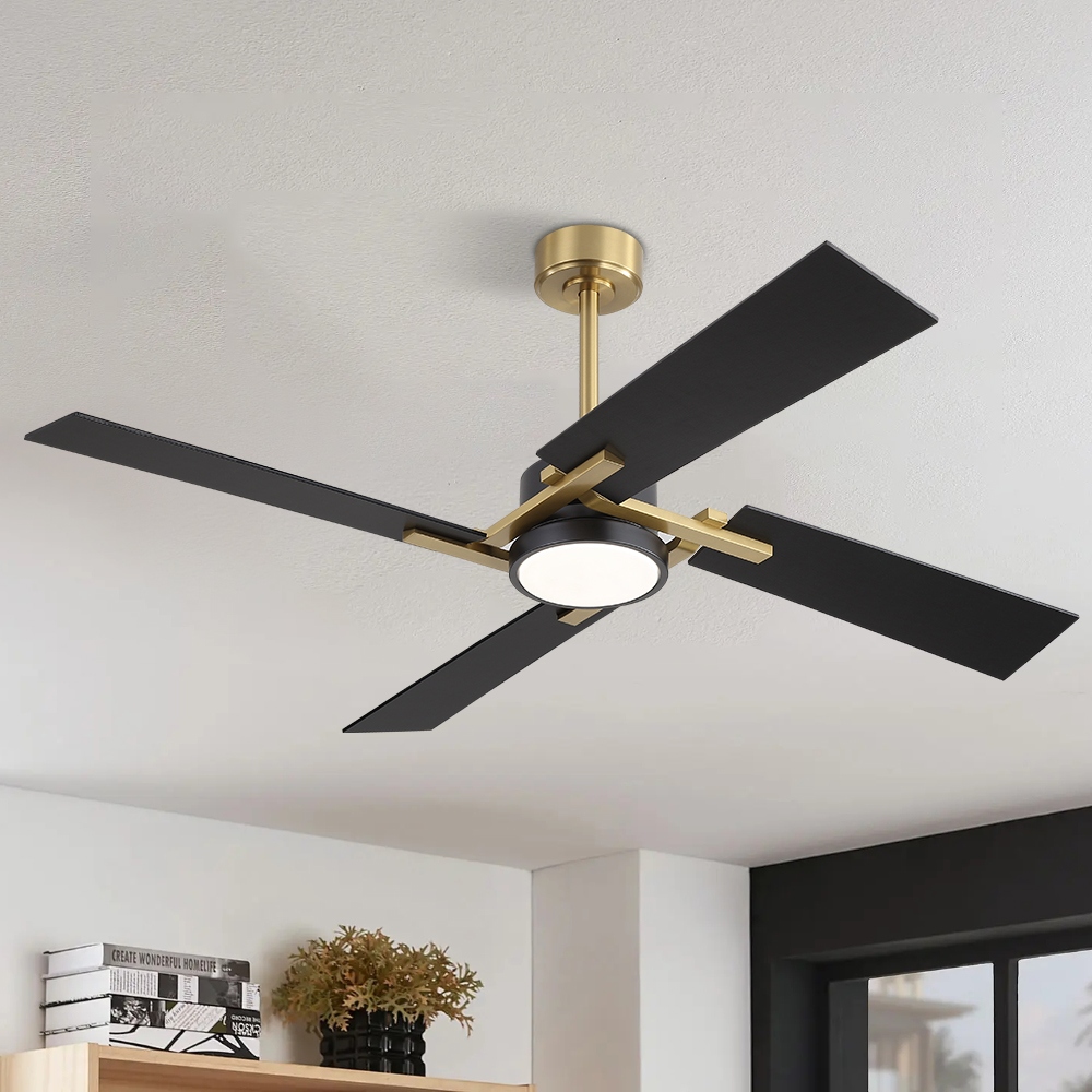 MLiAN 56 In./ 72 In. 4 Plywood Blades Indoor LED Light Ceiling Fan with Remote... - 72" - Gold/ Black