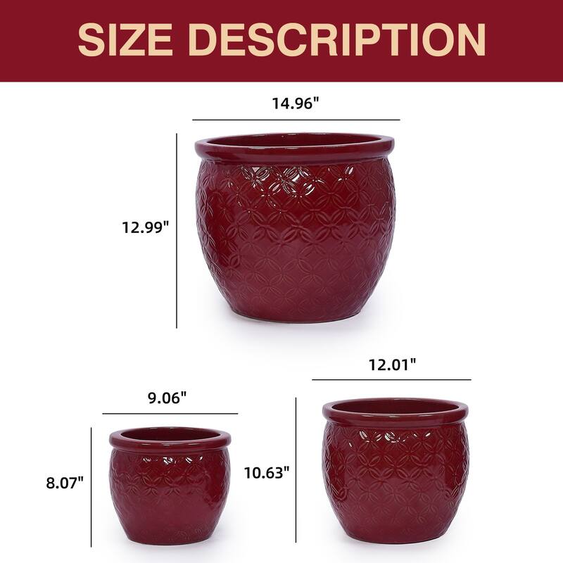 3 Pack Handmade Glazed Ceramic Planter, Ring Pattern Planter Pot