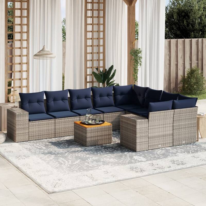 vidaXL 10 Piece Patio Sofa Set with Cushions Gray Poly Rattan - 122x33.5x92.1
