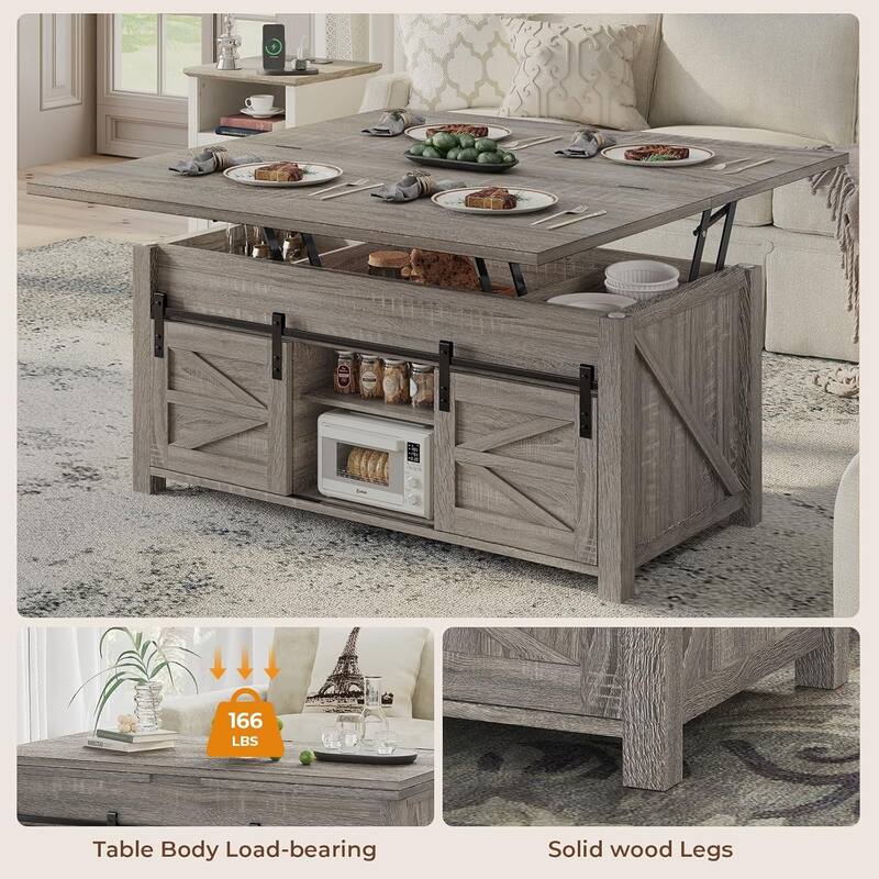 Lift Top Coffee Table Living Room 4 Sliding Barn Doors Adjustable Shelves