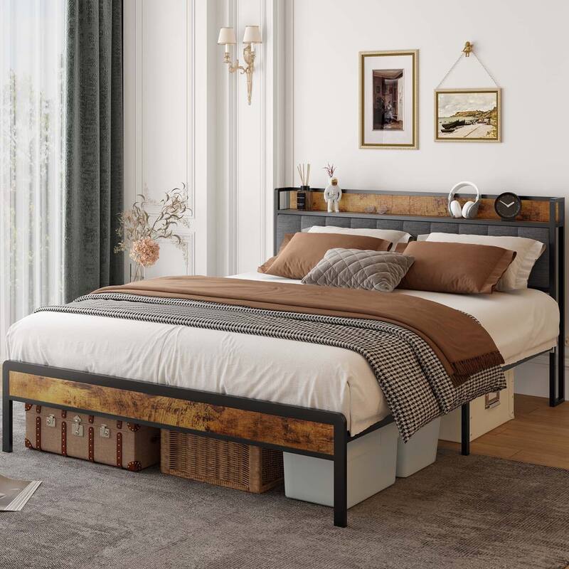 Twin/Full/Queen/King Platform Bed Frame, Metal Bed Frame with Storage Headboard - Dark Grey - Full